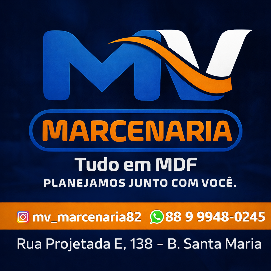 Tela de fundo com a logo da MV Marcenaria